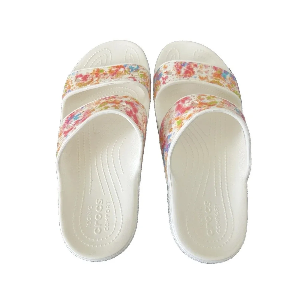Crocs Classic Slide Sandals Unisex Men sz 9 Multi Pink White Slip on Splatter